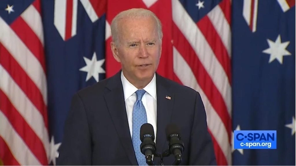US President Joe Biden speaks in a press conference at the White House in Washington on Wednesday, to announce the launch of a new security partnership in the Indo-Pacific, called AUKUS, that involves Australia and Britain, in this image captured from the website of US cable news network C-Span. (Yonhap)