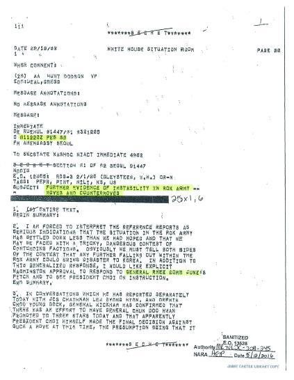 This scanned image, provided by Seoul's foreign ministry on Thursday, shows a copy of a diplomatic cable the US Embassy in Seoul sent to the State Department on Feb. 1, 1980, reporting on potential counter-coup moves within South Korea's military to reverse the Dec. 12 coup led by Army Gen. Chun Doo-hwan's junta, citing intelligence it said it received from 