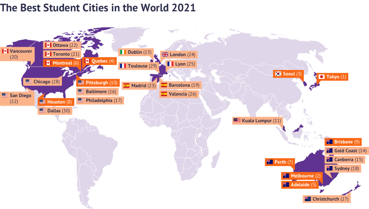 A world map shows the top 30 cities to be a university student. (Studee)