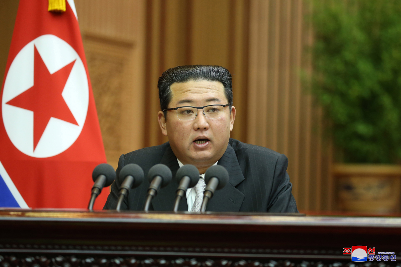 North Korean leader Kim Jong-un speaks at the second-day session of the SPA meeting held a day earlier, in this file photo released by the Korean Central News Agency on Thursday. (Korean Central News Agency)
