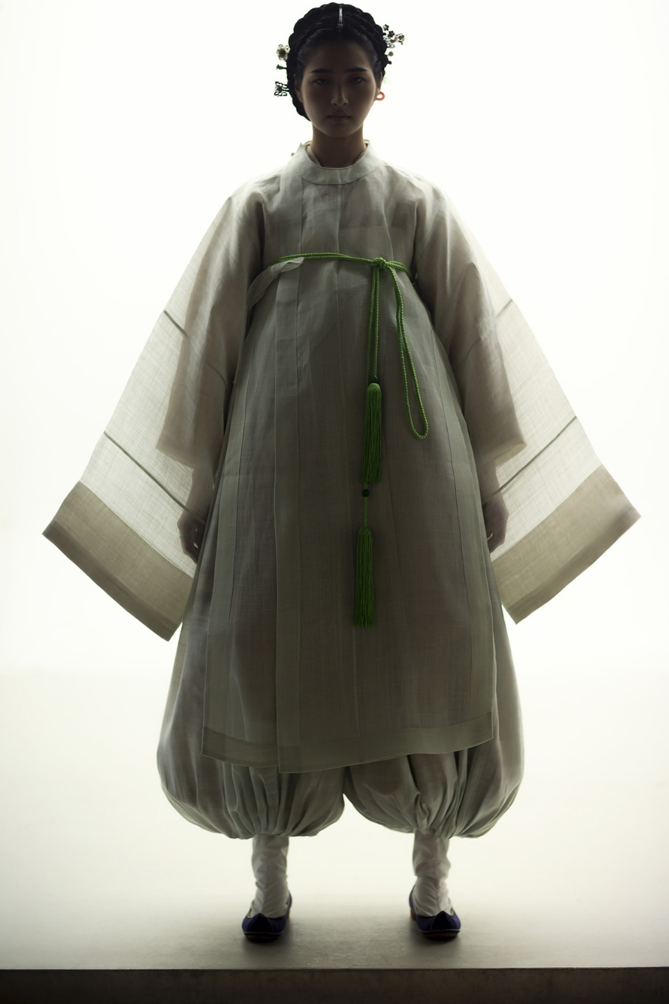 A model wears malgun, hanbok designed for horseback riding (Damyeon)