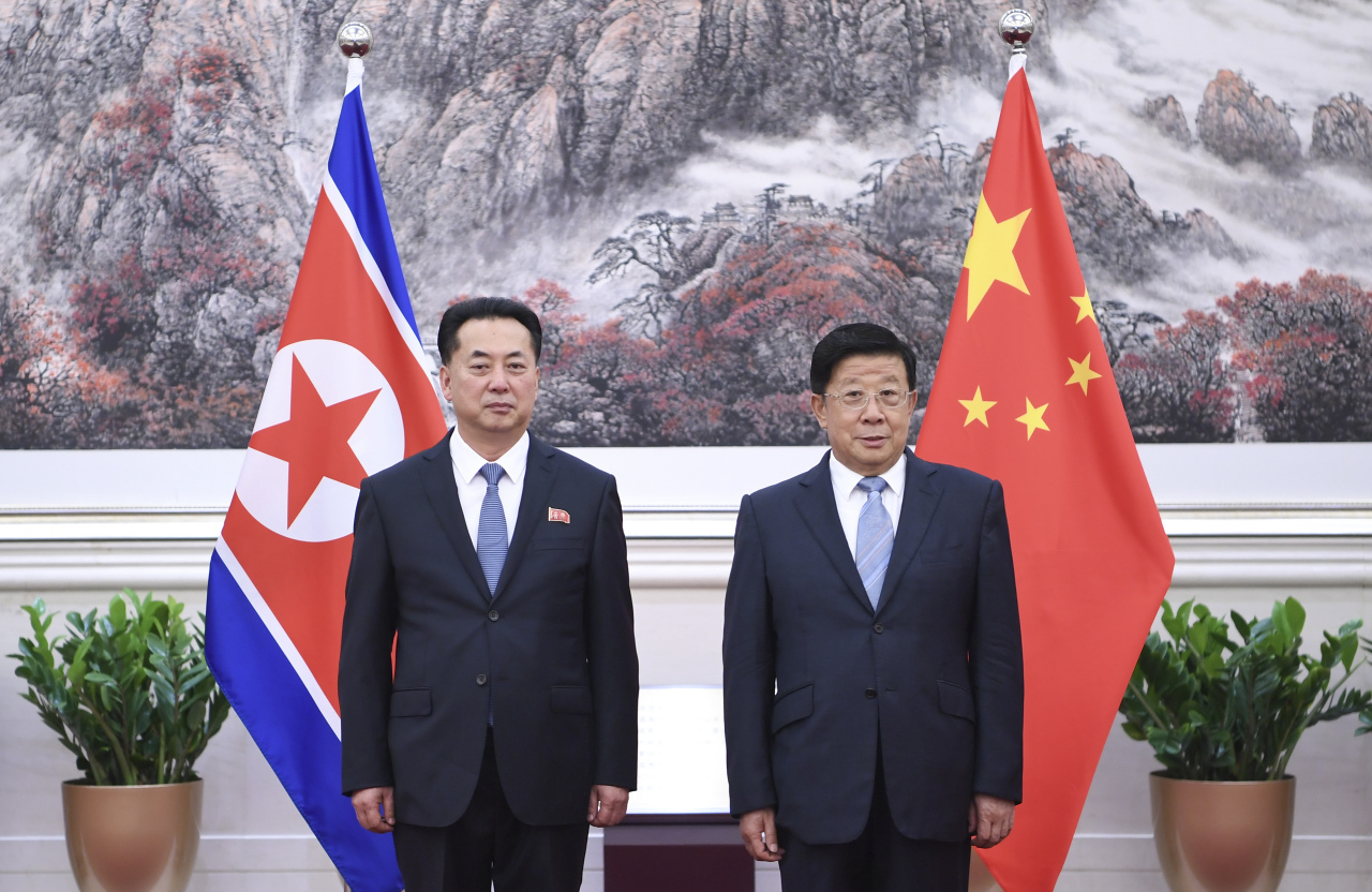 Chinese State Councilor and Minister of Public Security Zhao Kezhi meets with Ri Ryong Nam, ambassador of the Democratic People's Republic of Korea (DPRK) to China, in Beijing, capital of China, Aug. 30. (XinHua-Yonhap