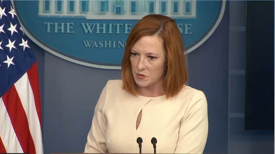 White House press secretary Jen Psaki seen answering questions during a press briefing at the White House in Washington on Monday in this image captured from the website of the White House. (White House)