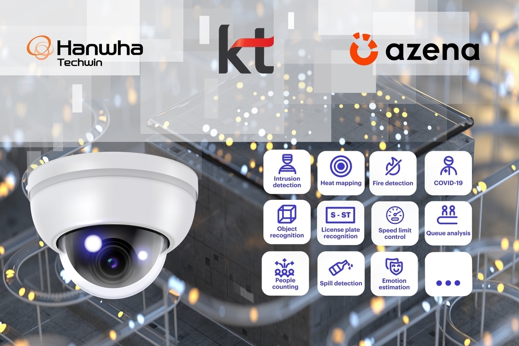 This image provided by Hanwha Techwin Co. on Wednesday, shows the corporate logos of Hanwha Techwin, Azena and KT.(Hanwha Techwin Co.)