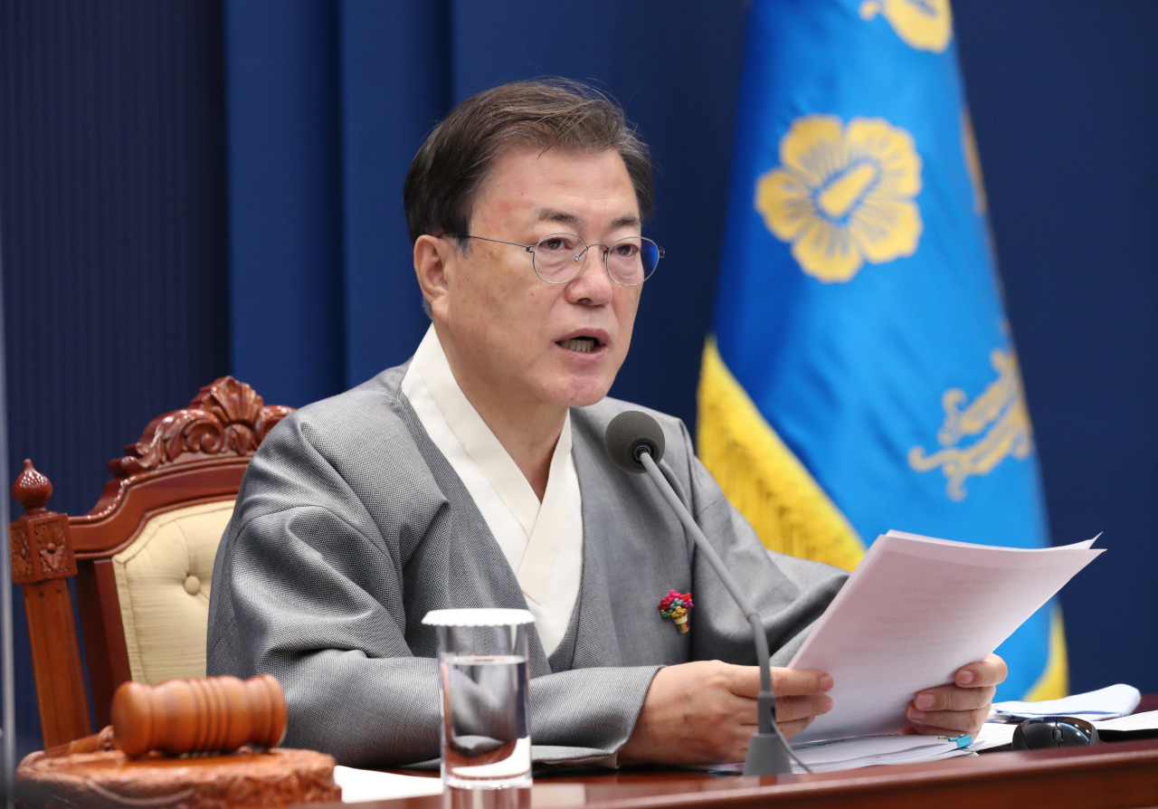 This photo shows President Moon Jae-in presiding over a Cabinet meeting at Cheong Wa Dae in Seoul on Tuesday. (Yonhap)