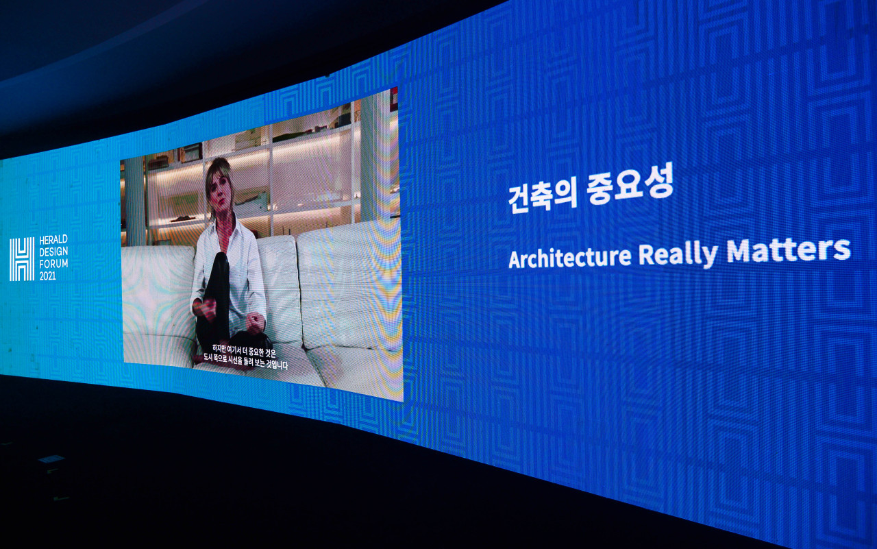 British architect Amanda Jane Levete gives online speech at the Herald Design Forum on Thursday. (Lee Sang-sub/The Korea Herald)