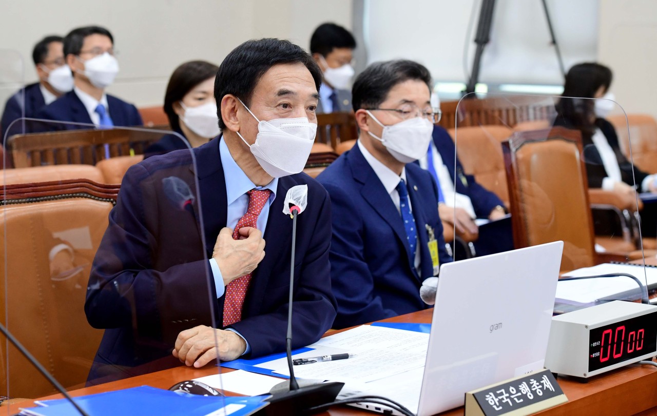 Bank of Korea Gov. Lee Ju-yeol attends a parliamentary audit held at the National Assembly at the National Assembly in Seoul on Friday. (Yonhap)