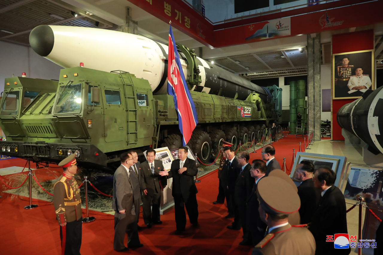 North Korea holds a defense exhibition in Pyongyang on Monday. (KCNA-Yonhap)