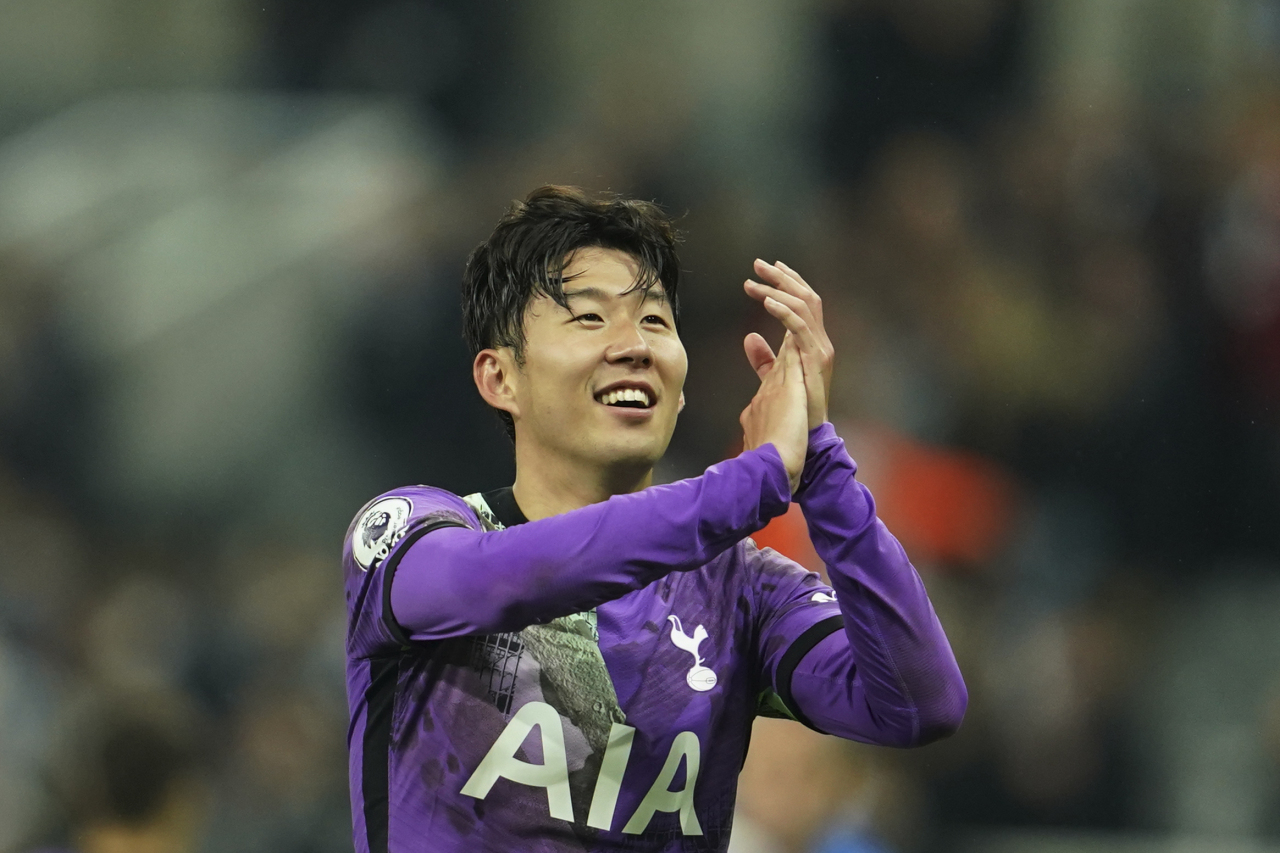 In this Associated Press photo, Son Heung-min of Tottenham Hotspur celebrates his club's 3-2 victory over Newcastle United in their Premier League match at St. James' Park in Newcastle, England, on Sunday. (AP-Yonhap)