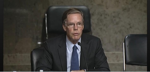 R. Nicholas Burns, nominee for US ambassador to China, is seen answering questions in a confirmation hearing by the Senate foreign relations committee in Washington on Wednesday in the image captured from the website of the Senate committee. (Yonhpap)