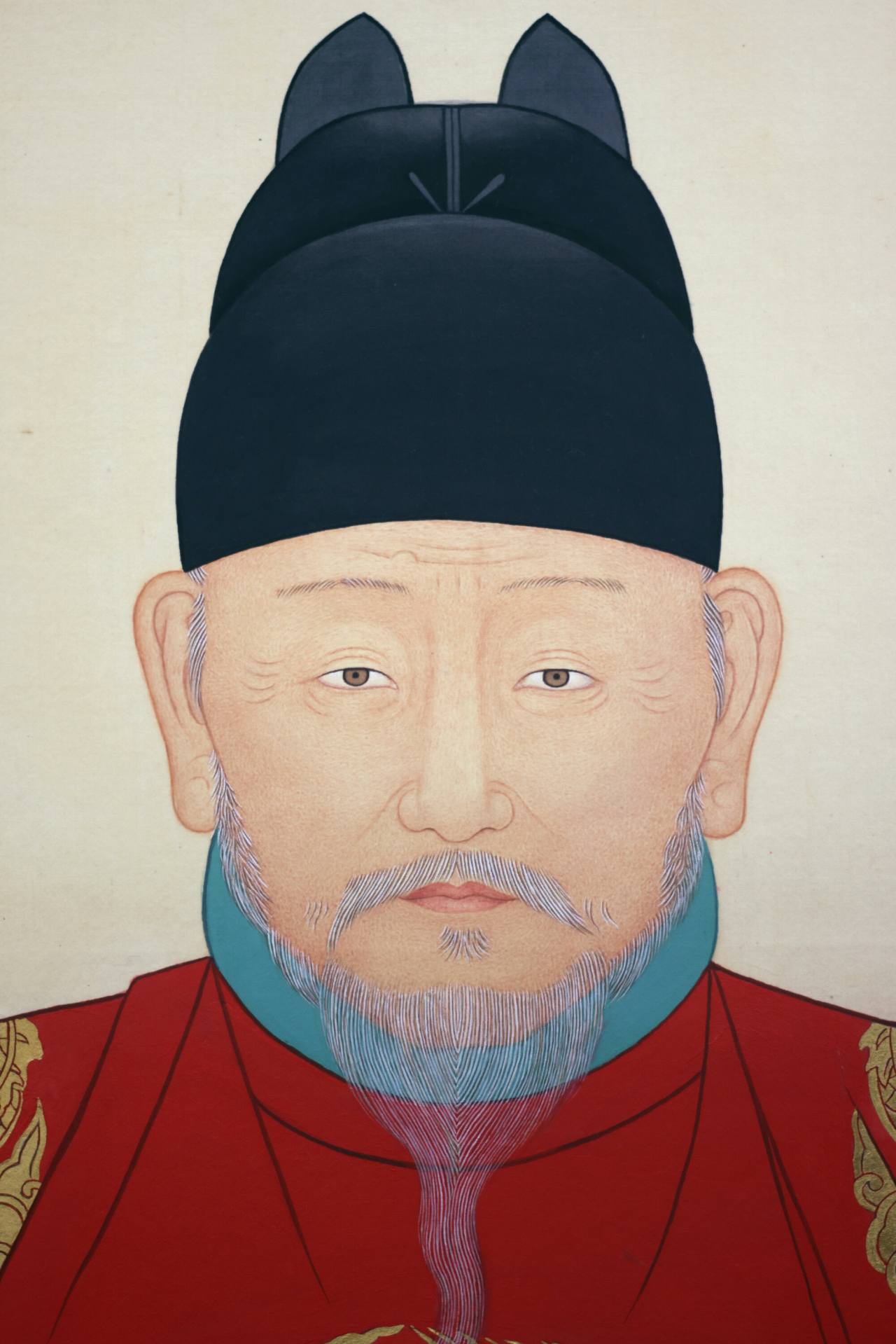 An official portrait of Yi Seong-gye, the founder of Joseon, at an advanced age, is on display at the Royal Portrait Gallery in Jeonju, Korea. (Hyungwon Kang)