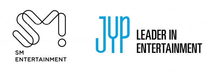 Logos of S.M. Entertainment (left) and JYP Entertainment