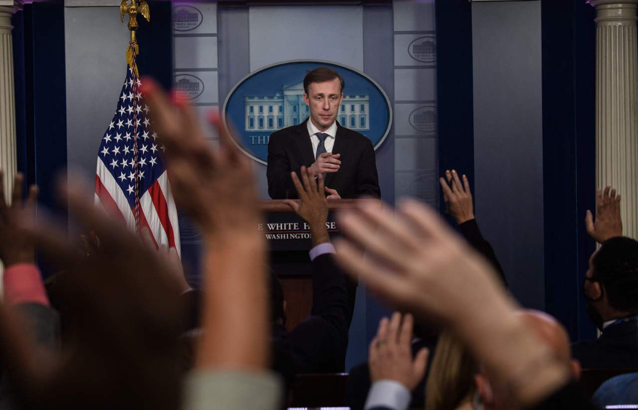 US National Security Adviser Jake Sullivan takes questions during the daily press briefing on Tuesday in the Brady Briefing Room of the White House in Washington, DC. (AFP-Yonhap)