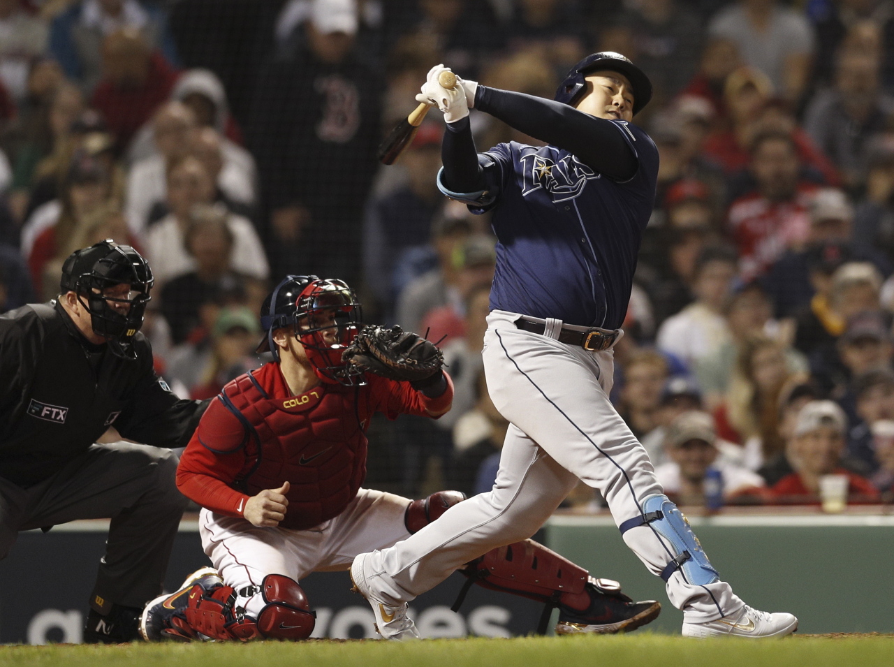 In this file photo from Oct. 11, 2021, Choi Ji-man of the Tampa Bay Rays strikes out against Josh Taylor of the Boston Red Sox during the top of the seventh inning of Game 4 of the American League Division Series at Fenway Park in Boston. (EPA-Yonhap)
