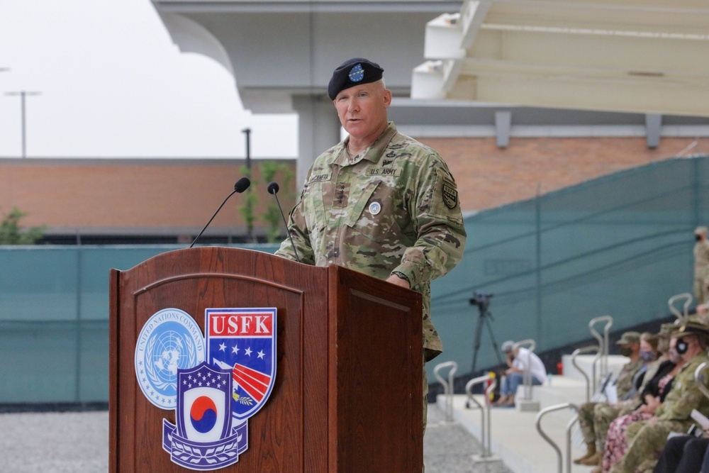 Gen. LaCamera, commander of United States Forces Korea, speaks during a change of command ceremony on July 2, 2021 at Barker Field. (USFK/Disclaimer: The appearance of US Department of Defense (DoD) visual information does not imply or constitute DoD endorsement)