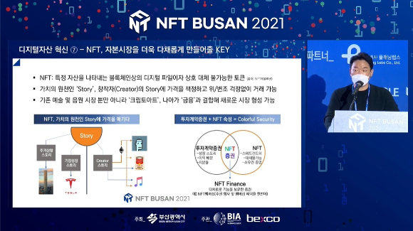 Lee Yong-jae, a manager at Mirae Asset Securities, talks about NFTs and its potential for financial companies on Thursday during NTF Busan. (NFT Busan)
