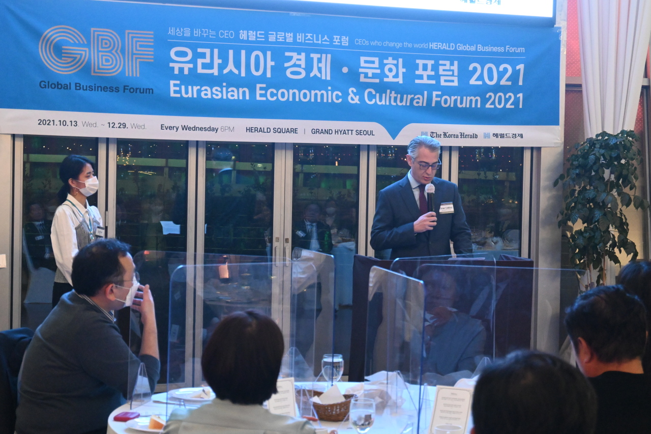 Turkish deputy chief of mission Omer Celikkol delivers the opening remarks for the second day of the Eurasian Economic and Cultural Forum 2021 hosted by The Korea Herald at Sebitseom in Seoul. (Sanjay Kumar/ The Korea Herald)