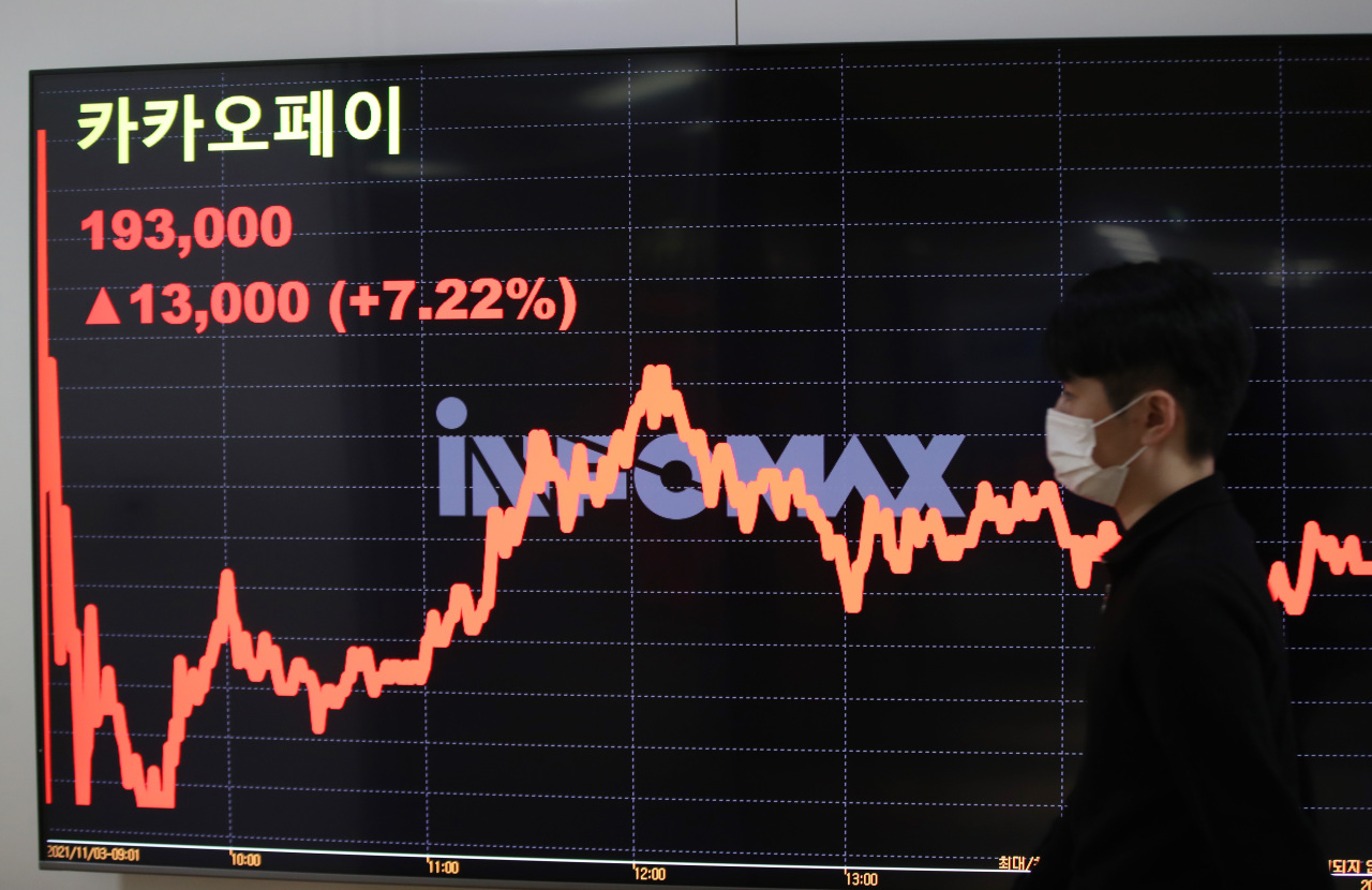 A screen shows stock price fluctuations for Kakao Pay, which went public Wednesday. (Yonhap)