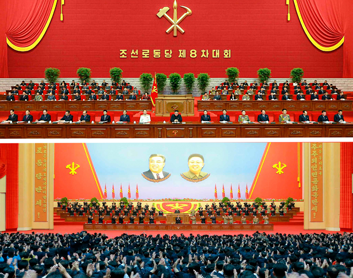 The ever-present portraits of Kim Il-sung and Kim Jong-il were absent from the backdrop at the eighth Party Congress in January. (KCNA-Yonhap)