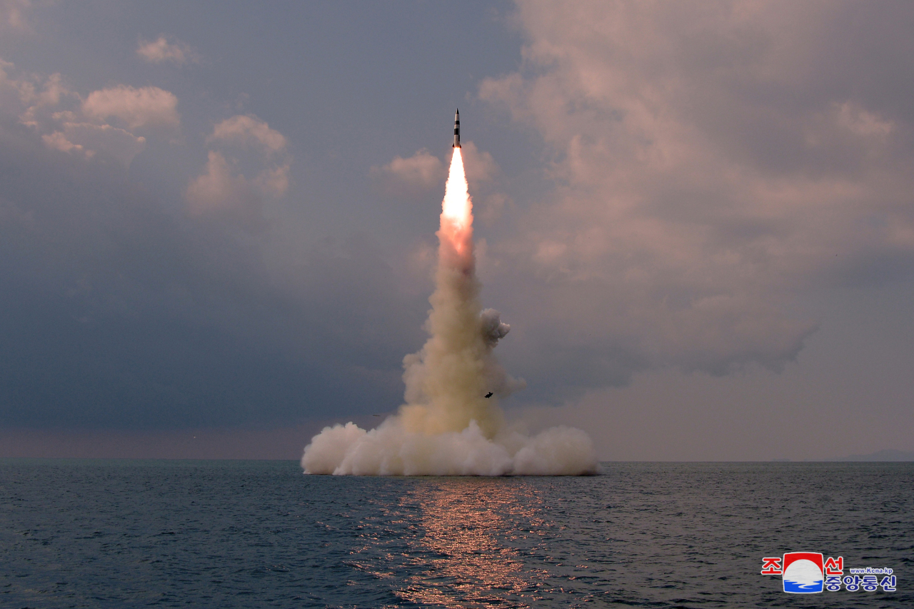 North Korea test-fires a new submarine-launched ballistic missile on October 19, 2021. (KCNA-Yonhap)