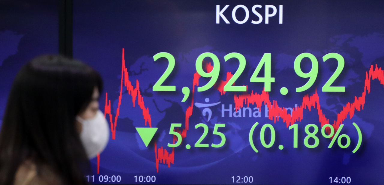 A screen shows a Kospi chart at the Hana Bank headquarters, in Myeong-dong, Seoul. (Yonhap)