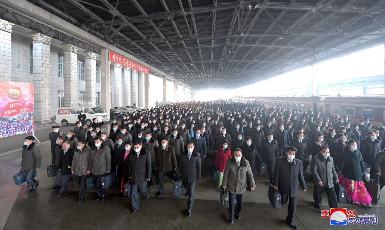 Participants for the 5th Conference of Frontrunners of the Three Revolutions arrive in Pyongyang on Sunday, in this photo released by North Korea's official Korean Central News Agency the next day. (KNCA-Yonhap)