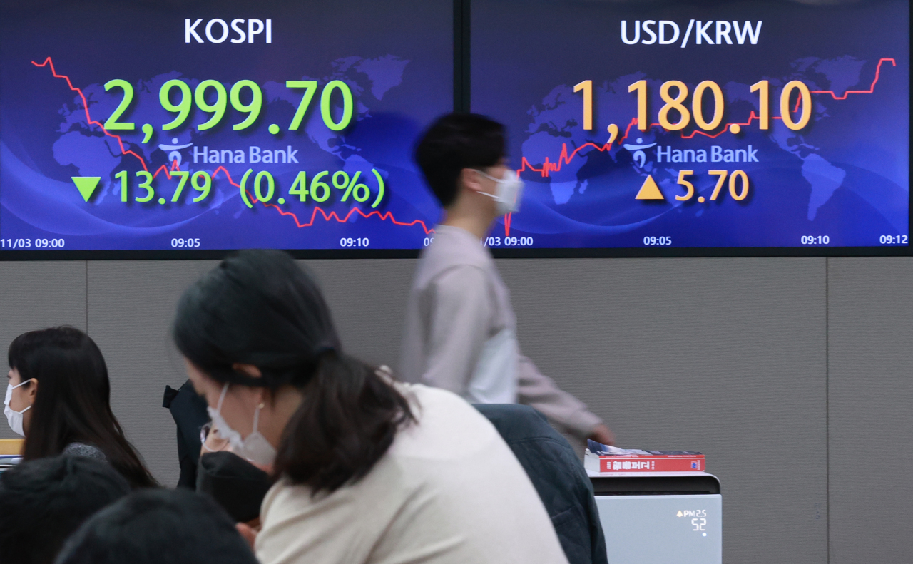 The benchmark Korea Composite Stock Price Index (Kospi) figures are displayed at a dealing room of a local bank in Seoul, Tuesday. (Yonhap)