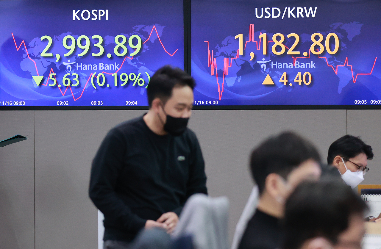 An electronic board at the dealing room of the Hana Bank headquarters in Seoul shows the Kospi at 2,993.89 points on Tuesday. (Yonhap)