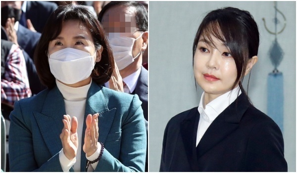 Kim Hye-gyeong (left), wife of Democratic presidential candidate Lee Jae-myung, and Kim Kun-hee, wife of the main opposition People Power Party’s candidate Yoon Seok-youl (Yonhap)