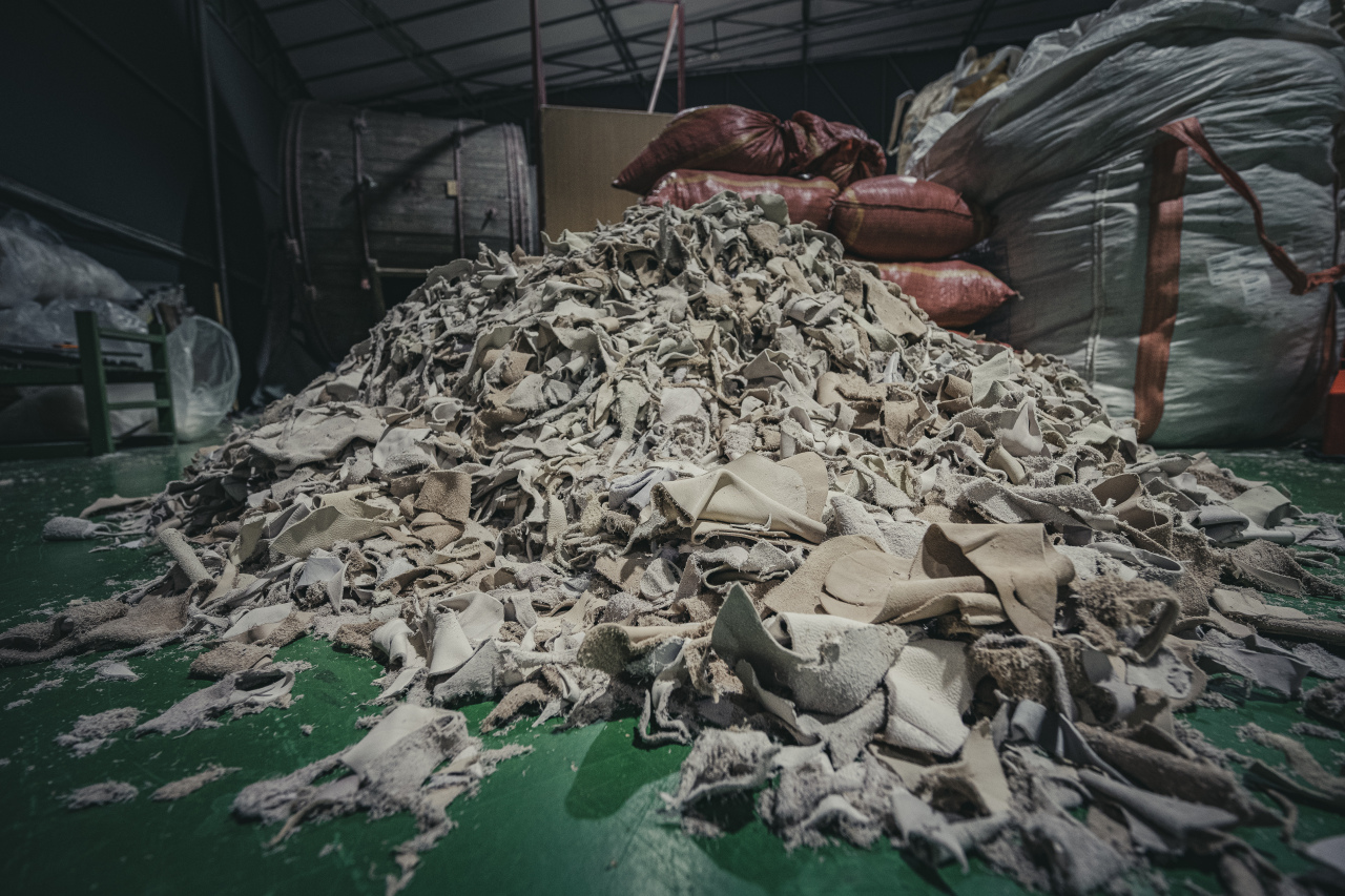 A pile of leather scraps at ATKO Planning’s factory in Paju, Gyeonggi Province (ATKO Planning)