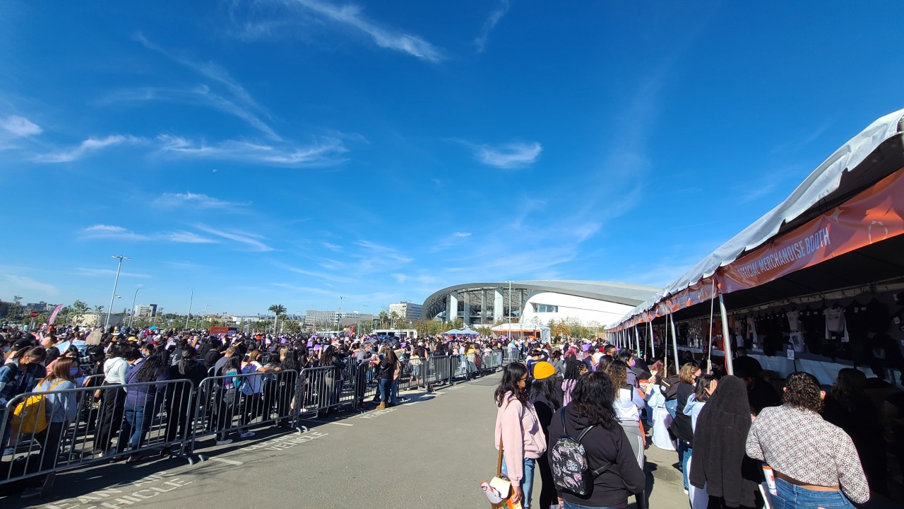 BTS fans gather at SoFi Stadium in Inglewood, California, Friday.