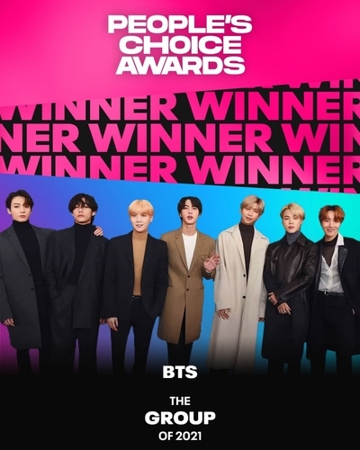 This image provided by People's Choice Awards describes South Korean pop act BTS as the winner in the group of 2021 category in this year's event. (People's Choice Awards)