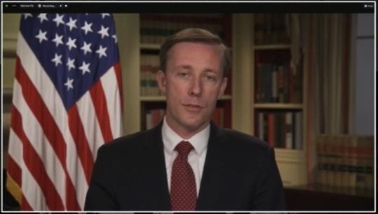 US National Security Advisor Jake Sullivan is seen speaking in a webinar hosted by an online news outlet, Defense One, in Washington on Thursday in this captured image. (Yonhap)