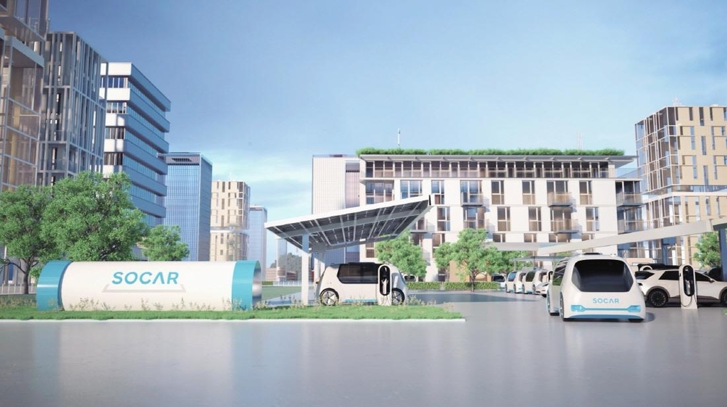 This graphic image provided by SoCar depicts a future SoCar station which provides charging, vehicle-to-grid, car delivery and other services. (SoCar)