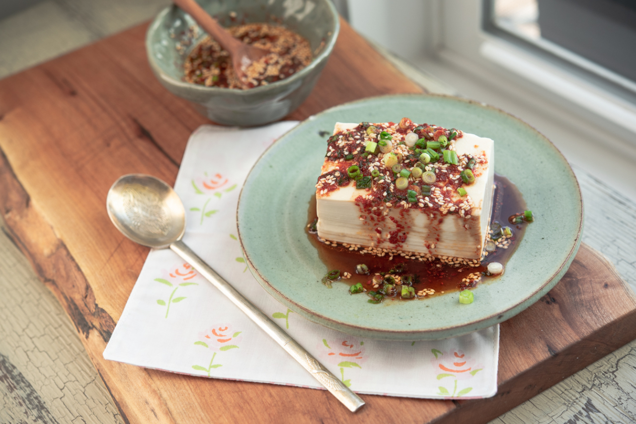 Steamed soft tofu with soy chili sauce (Holly Ford)