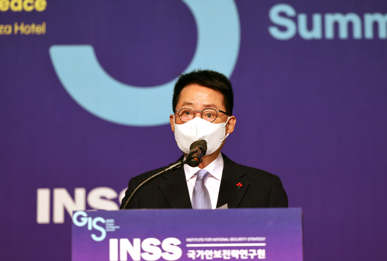 National Intelligence Service Director Park Jie-won speaks during a forum organized by the Institute for National Security Strategy, Seoul, Monday. (INSS)