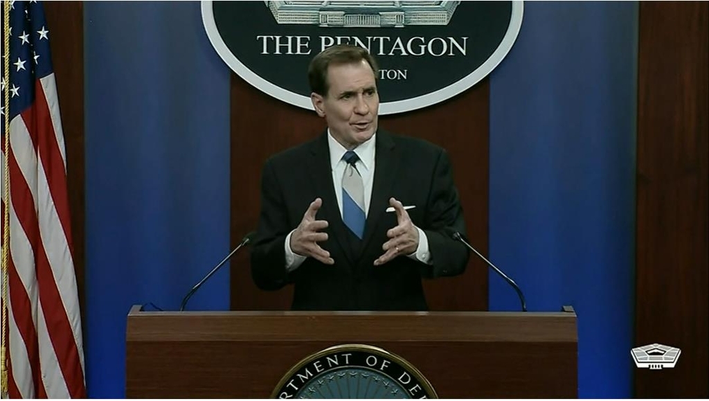 US Department of Defense Press Secretary John Kirby is seen answering questions in a daily press briefing at the Pentagon in Washington on Monday in this image captured from the department's website. (US Department of Defense website)