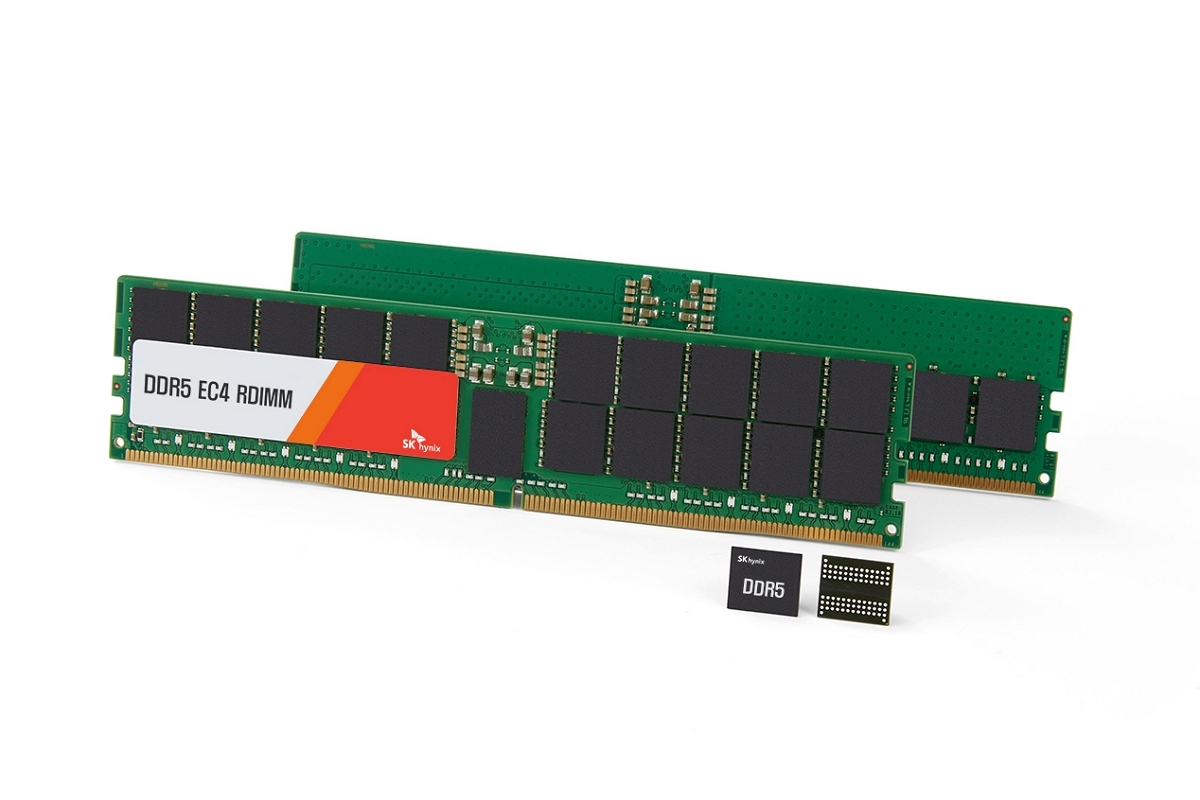 A promotional image of 48-gigabyte and 96-gigabyte DRAM modules with 24-gigabit DDR5 DRAM chips. (SK hynix)