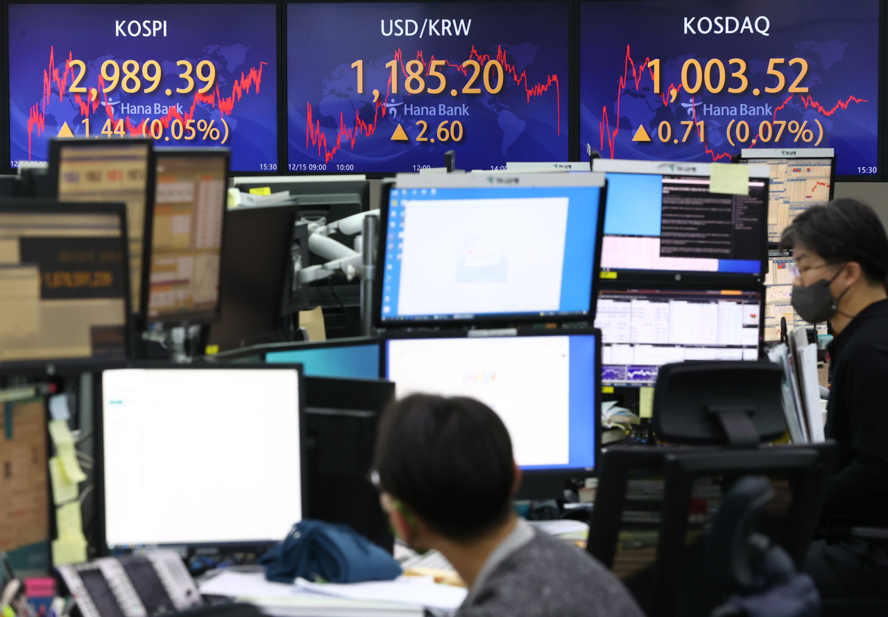This photo, taken Wednesday, shows a dealing room at Hana Bank in Seoul, with South Korea's key stock index rising 1.44 points, or 0.05 percent, to end at 2,989.39. (Yonhap)