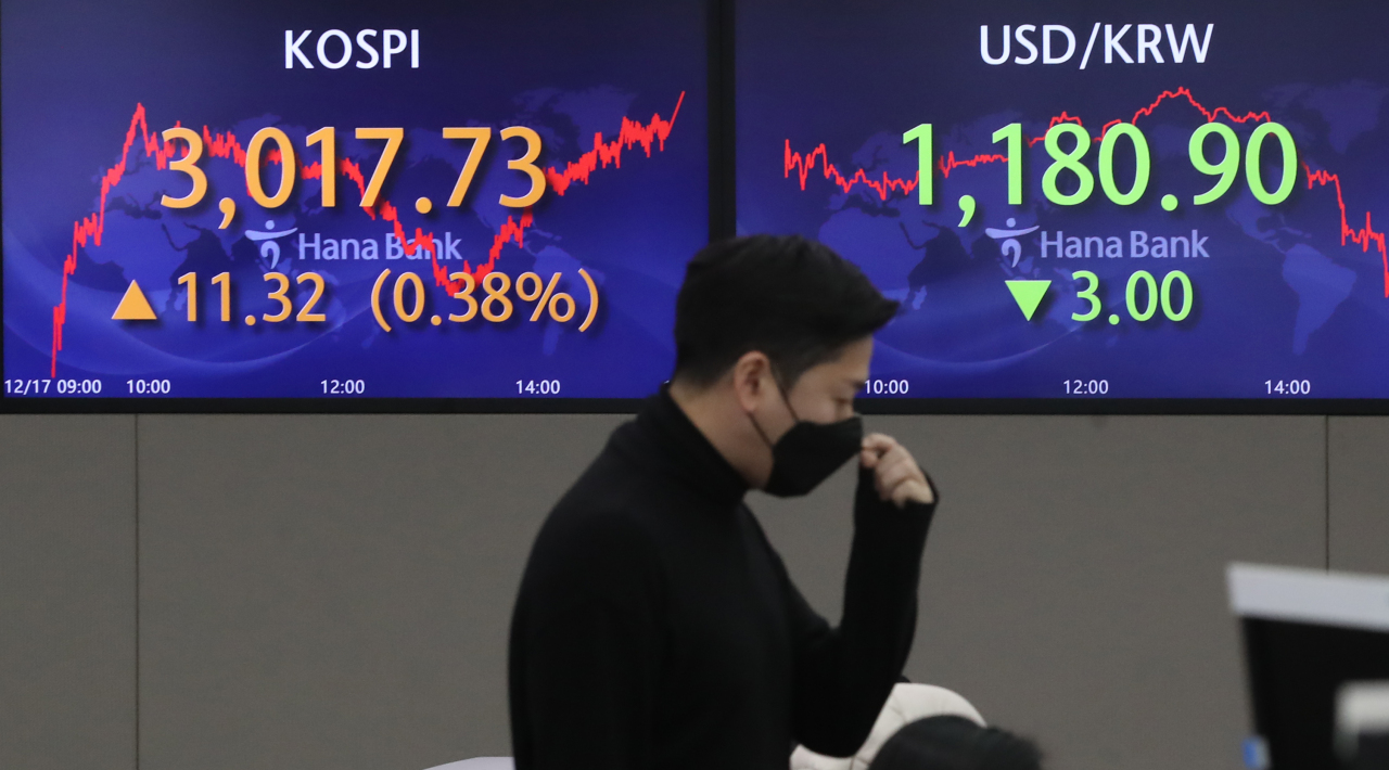 Electronic signboards at a Hana Bank dealing room in Seoul show the benchmark Korea Composite Stock Price Index (Kospi) closed at 3,017.73 points on Friday, 2021, up 11.32 points, or 0.38 percent, from the previous session's close. (Yonhap)