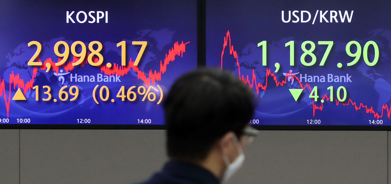 The benchmark Korea Composite Stock Price Index (Kospi) figures are displayed at a dealing room of a local bank in Seoul, Thursday. (Yonhap)