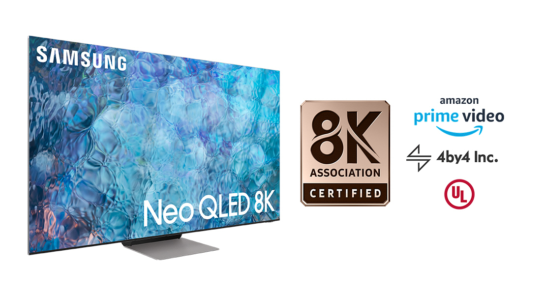 An image shows Samsung's Neo QLED 8K TV (from left), a 8K Association Certified mark and logos of three new members of 8K Association. (Samsung Electronics)