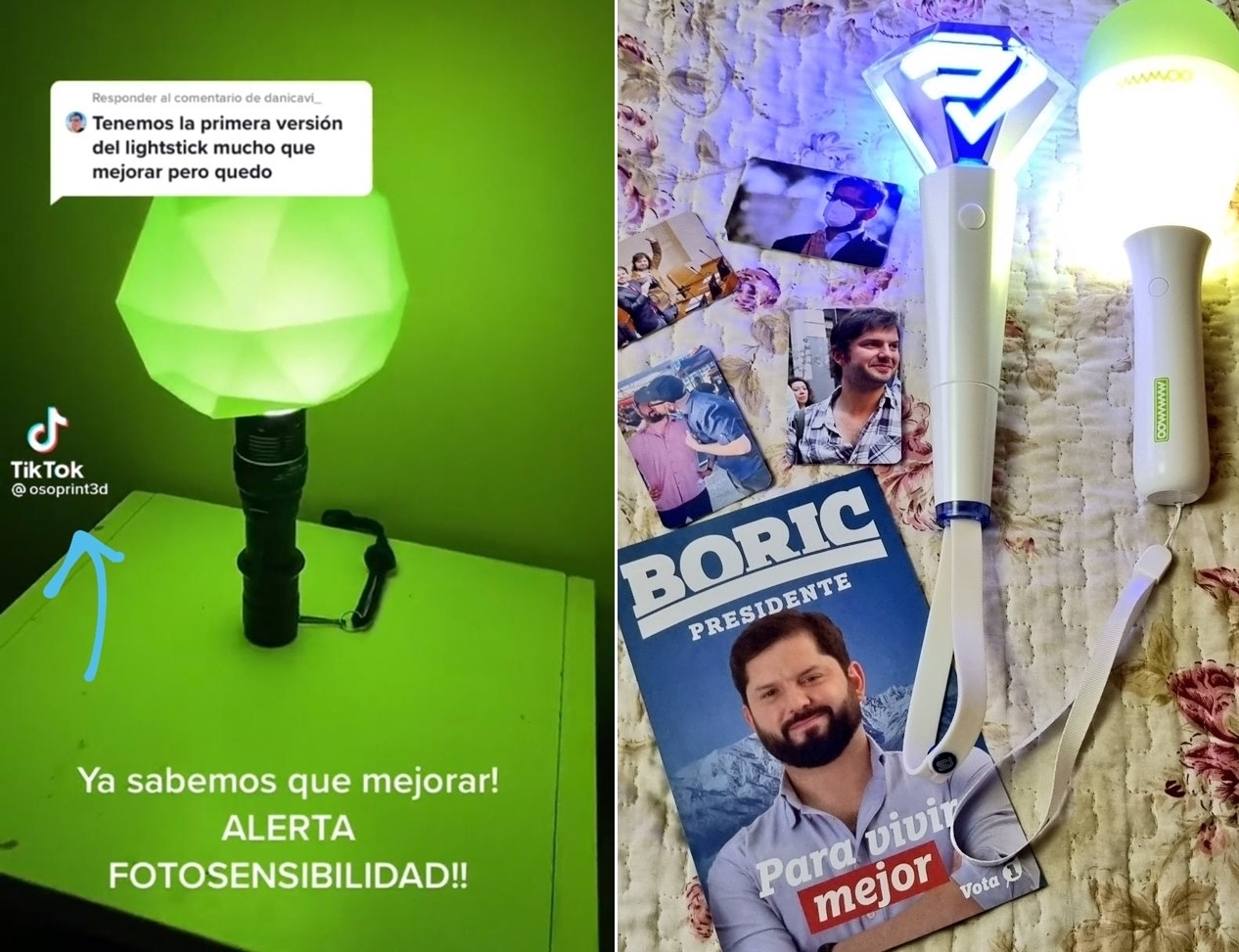 A light stick made by TikTok user OsoPrint3D (left) and photo cards of Gabriel Boric (Amelia Castillo)