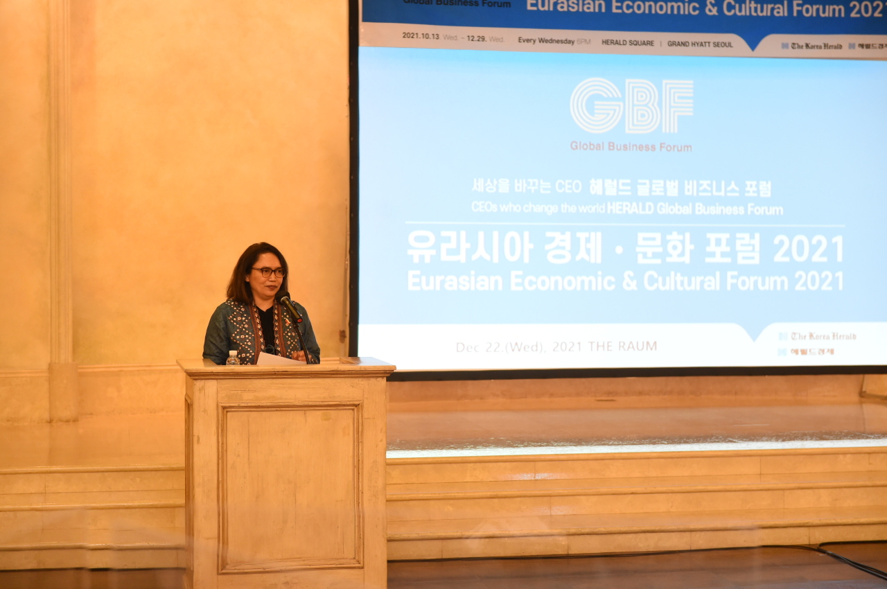 Indonesian charge d’affaires Zelda Wulan Kartika delivers remarks at the 11th day of the Eurasian Economic and Cultural Forum 2021, hosted by The Korea Herald in Gangnam, Seoul. (Sanjay Kumar/The Korea Herald)