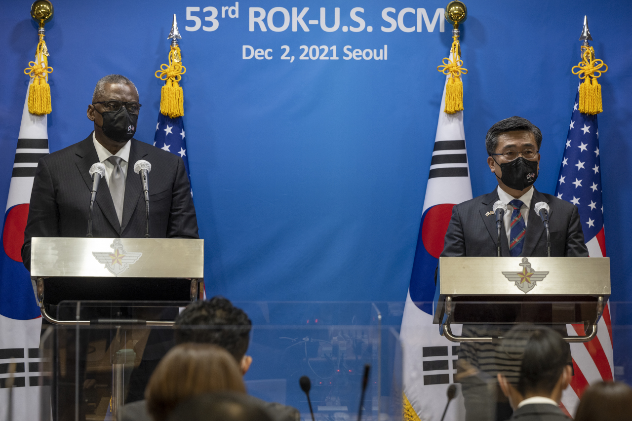 Secretary of Defense Lloyd Austin III and South Korean Minister of Defense Suh Wook answer questions during a press conference after the 53rd Security Consultative Meeting. (DoD photo by Chad J. McNeeley)