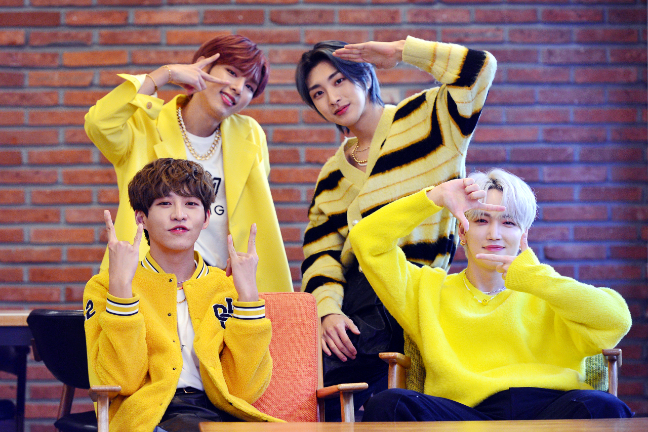 Boy group B.I.G poses for photos during an interview with The Korea Herald at The Korea Herald’s headquarters in Seoul, on Monday. (Park Hyun-koo/The Korea Herald)