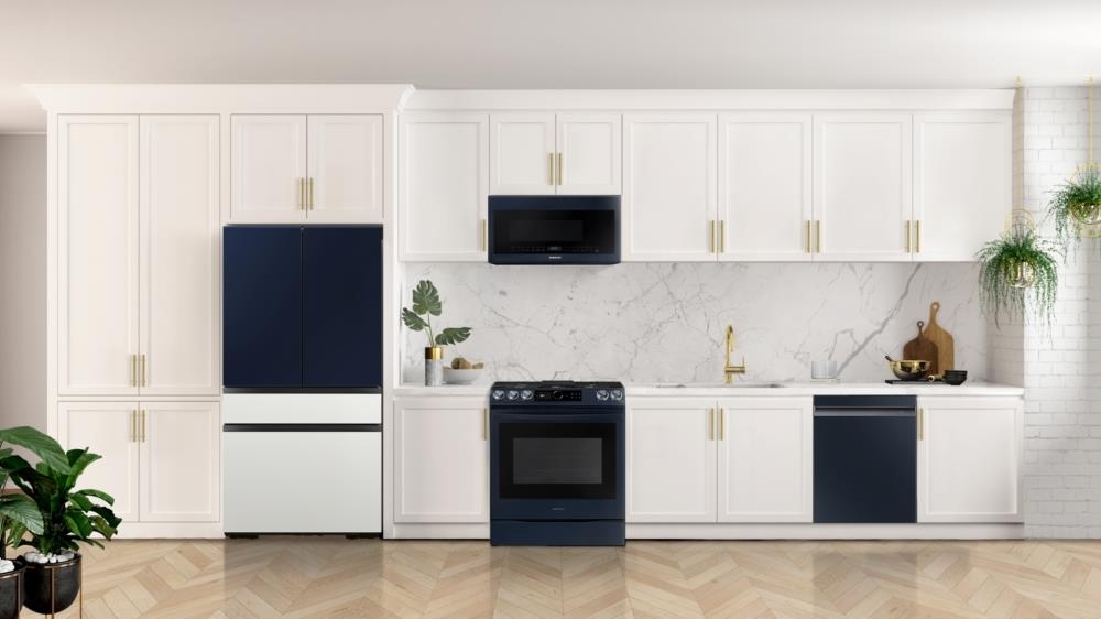 The photo provided by Samsung Electronics Co. on Friday, shows a kitchen with the new Bespoke French Door refrigerator. (Samsung Electronics Co.)