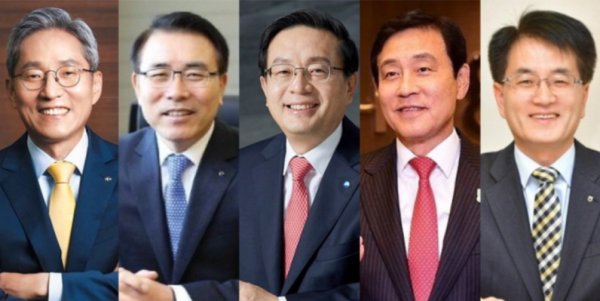 From left: KB Financial Group Chairman Yoon Jong-kyoo, Shinhan Financial Group Chairman Cho Yong-byoung, Woori Financial Group Chairman Sohn Tae-seung, Hana Financial Group Chairman Kim Jung-tai and NongHyup Financial Group Chairman Son Byung-hwan (Photos provided by firms)