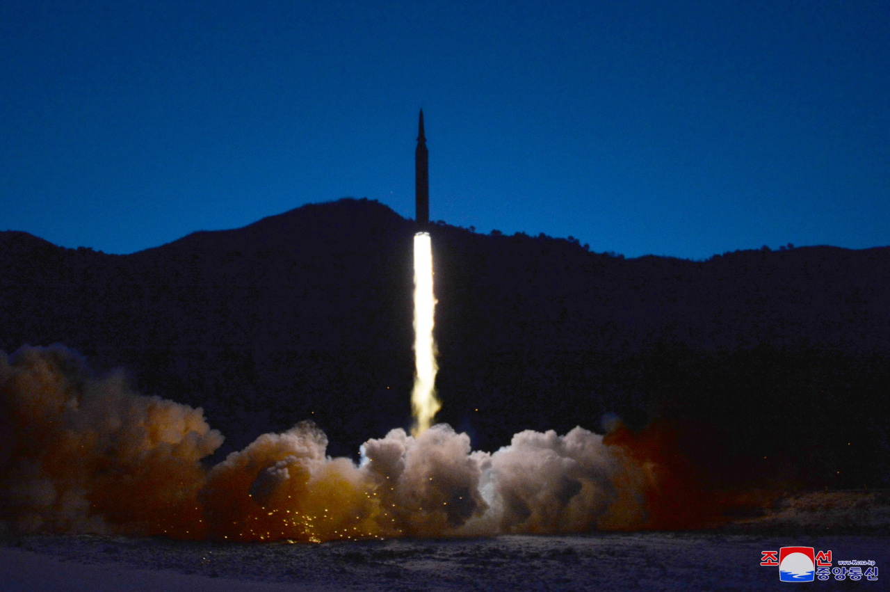 This photo, released by North Korea's official Korean Central News Agency on Wednesday, shows what the North claims to be a new hypersonic missile being launched the previous day. (KNCA-Yonhap)