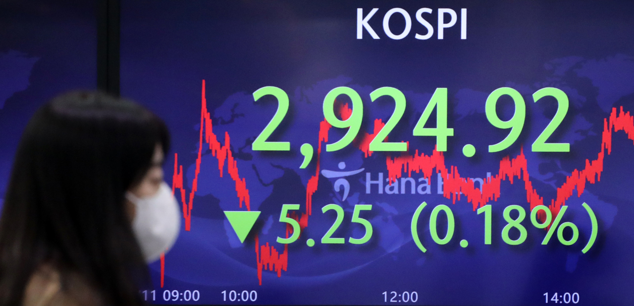 The benchmark Korea Composite Stock Price Index (Kospi) figures are displayed at a dealing room of a local bank in Seoul, Friday. (Yonhap)